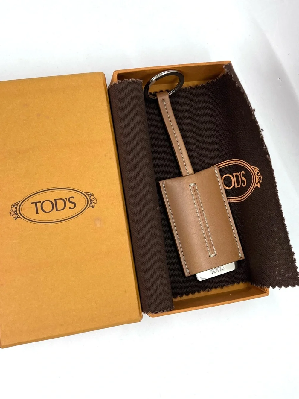Tod’s Leather Keychain Mirror Travel Compact Tan w/ Branded Box & Cloth Italy
